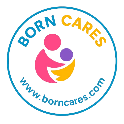 Born Cares childcare services logo with parent and child symbol