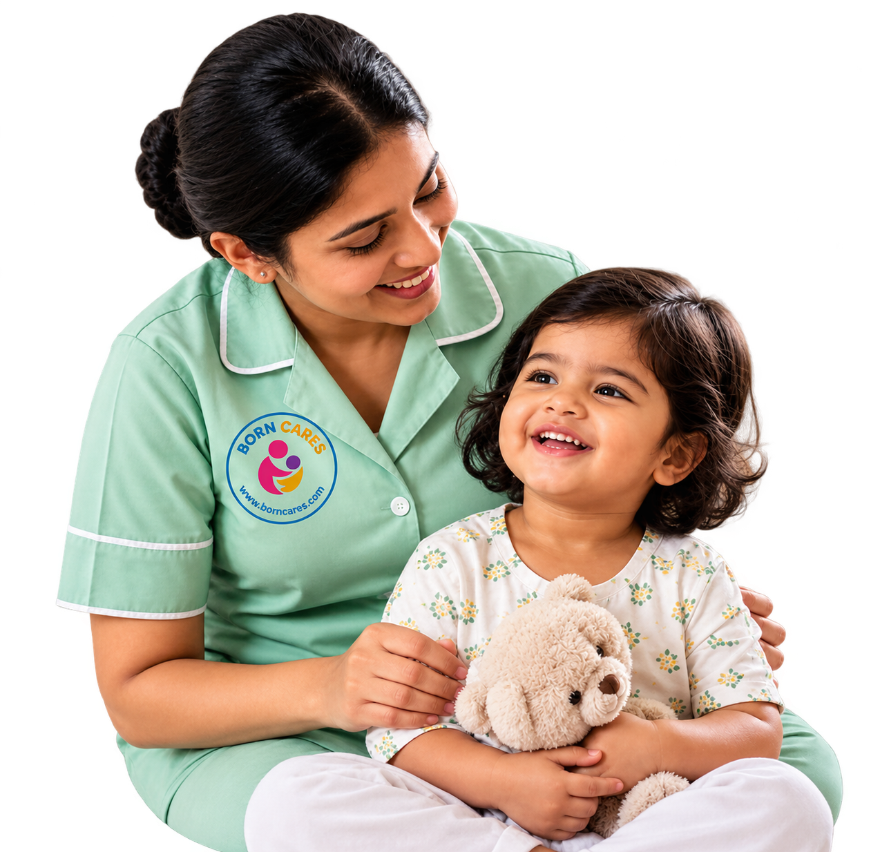 Indian babysitter caring for a happy young child at home