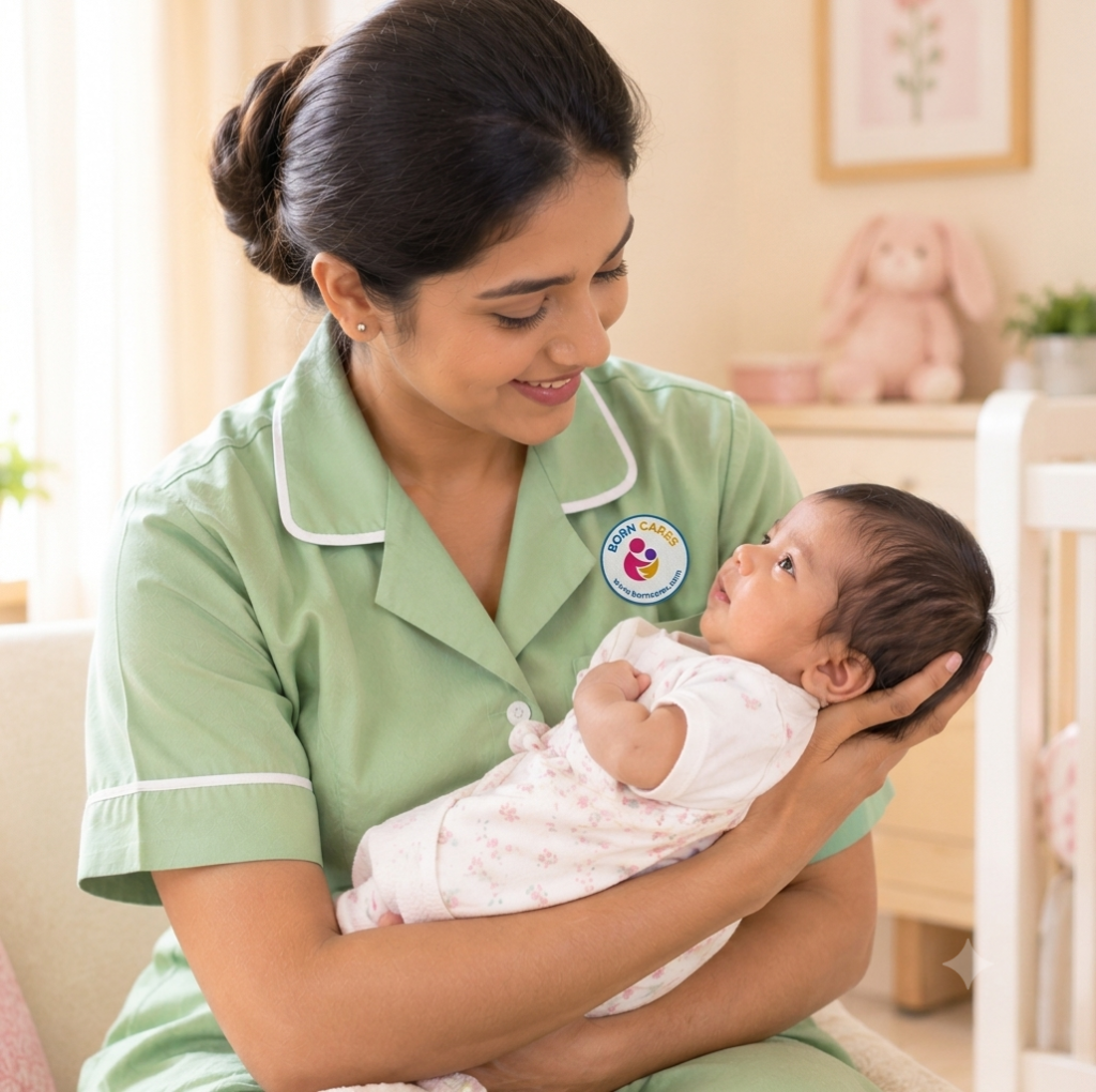 Indian newborn caregiver gently holding an infant with the baby's head supported