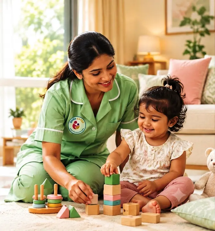 Indian female nanny in a green uniform caring for a toddler during playtime at home.