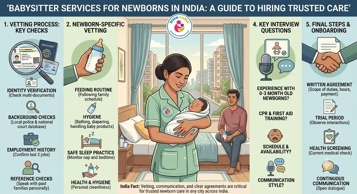 Babysitter services for newborns hiring guide with caregiver screening, feeding routines, safe sleep practices, and interview questions.