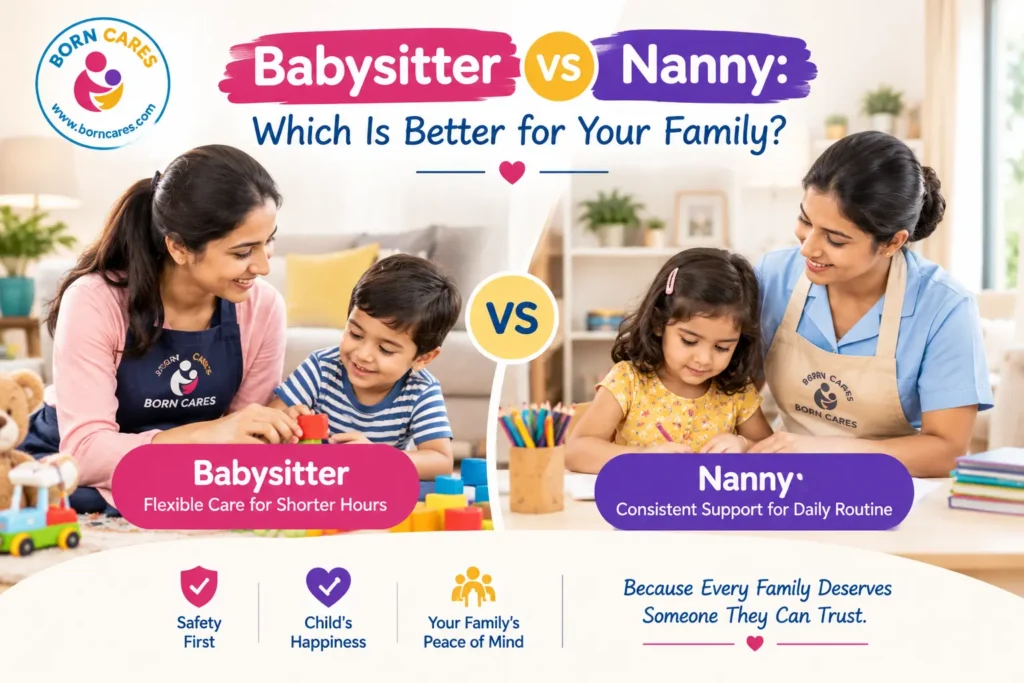 Parent comparing babysitter and nanny childcare options for a child at home