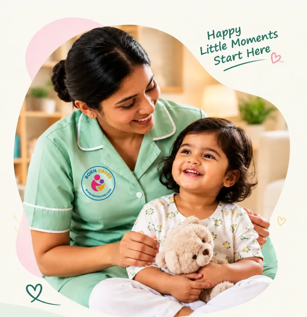 Born Cares caregiver in a green uniform caring for a happy young child at home