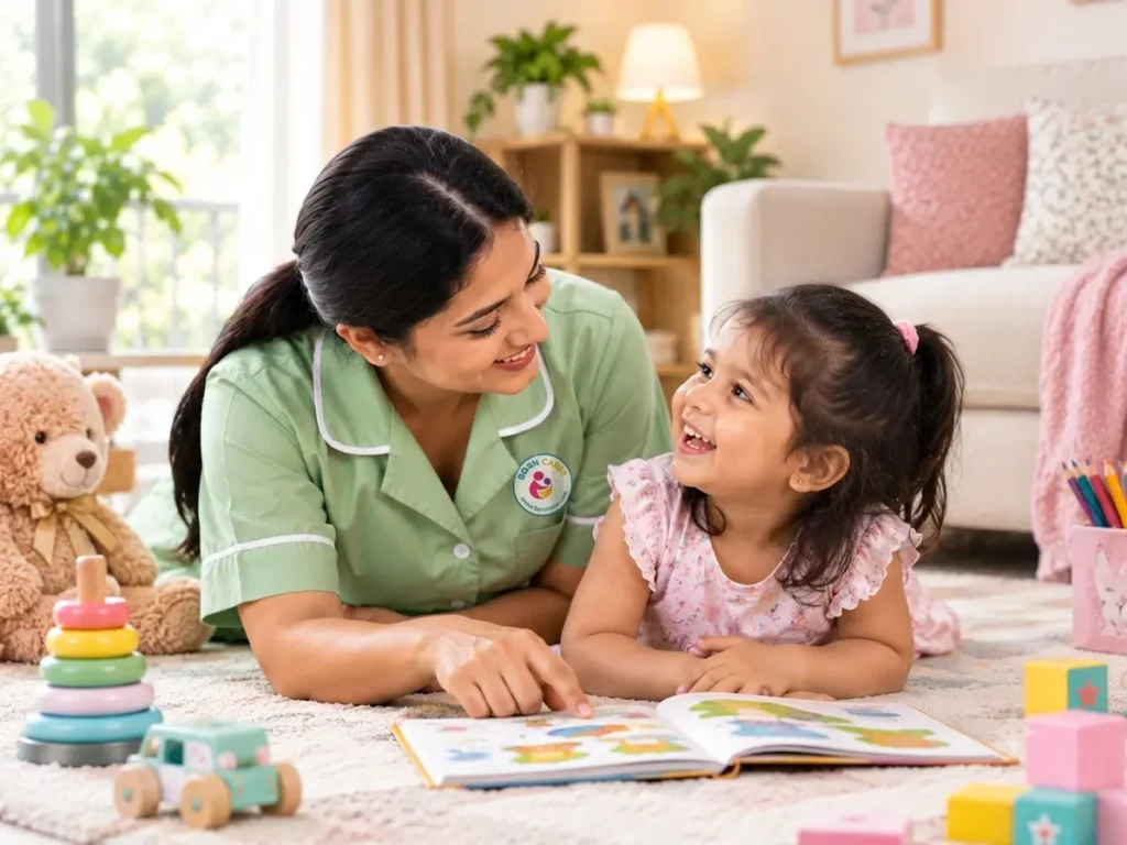 Happy Indian toddler sharing a joyful moment with a caring nanny at home