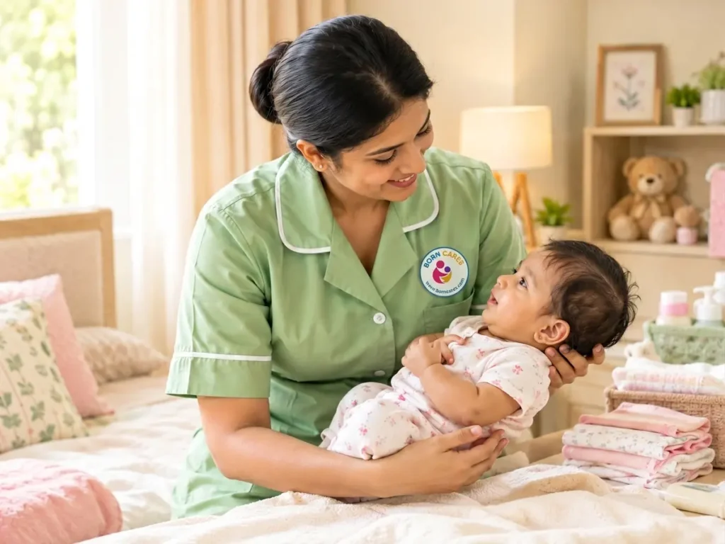 Professional japa maid newborn caregiver gently holding and caring for a baby at home