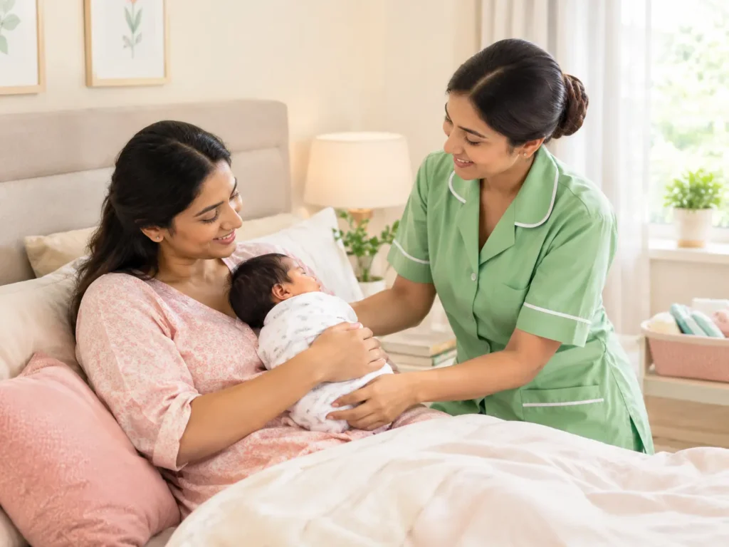 Professional caregiver assisting a mother with newborn baby care at home.