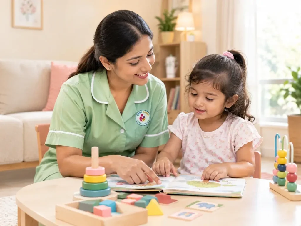 Indian nanny helping a young child learn with picture books and educational toys