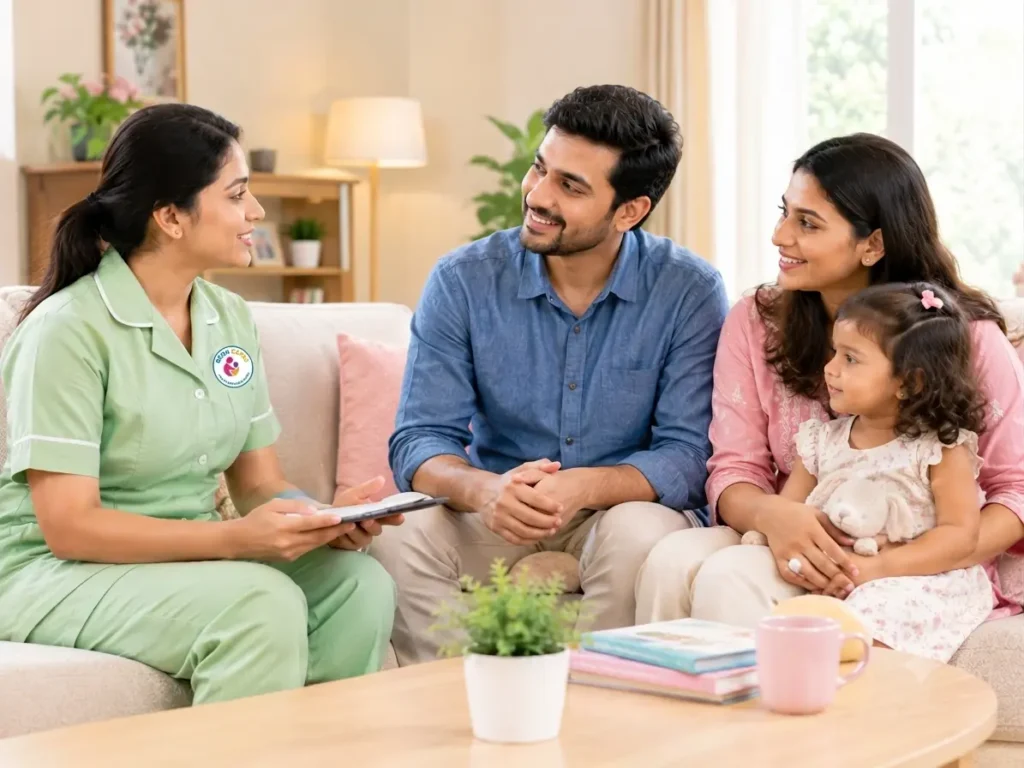 Indian parents discussing their child's care routine with a professional nanny at home