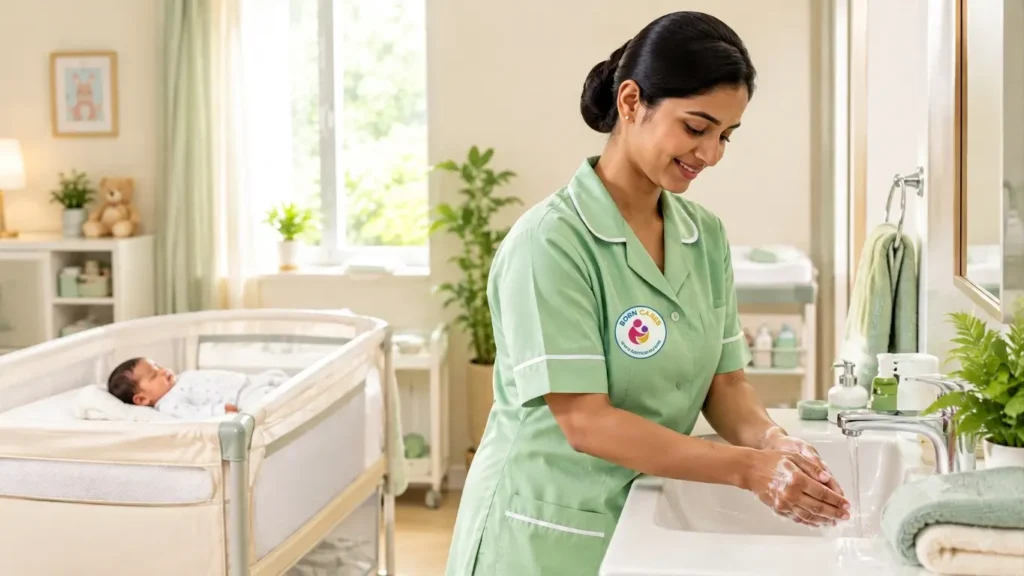 Caregiver washing hands before providing newborn baby care