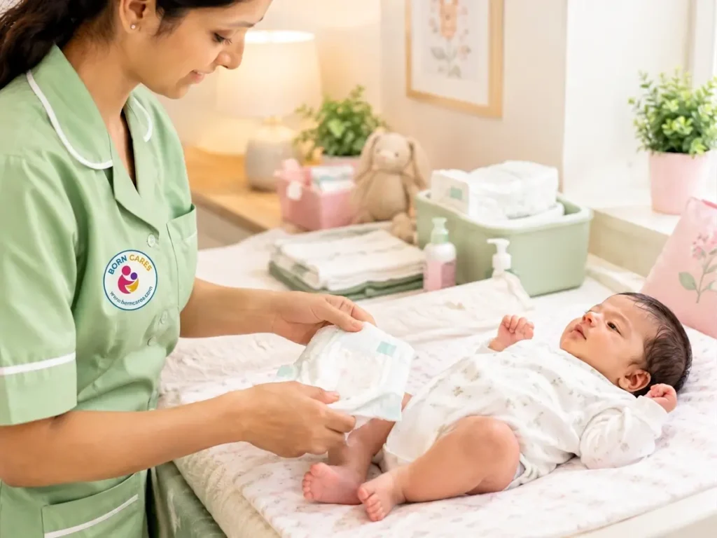 Caregiver preparing clean diaper supplies for everyday newborn care