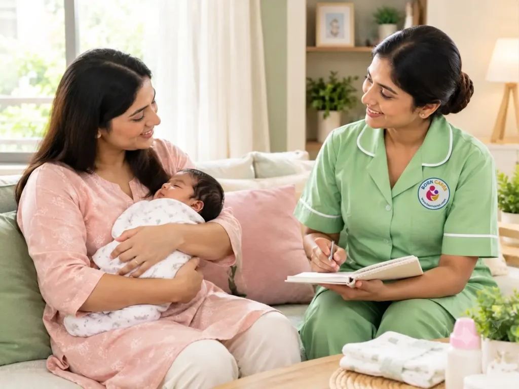 Parent and newborn caregiver discussing the baby's feeding routine at home