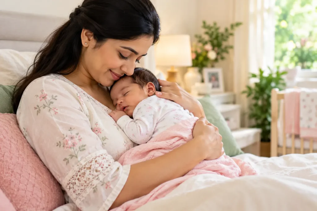 Mother gently holding her newborn close in a calm home environment