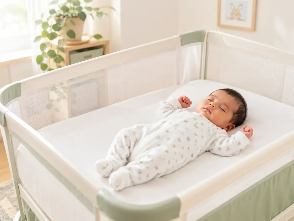 Newborn baby lying on their back in a clear, safe bassinet