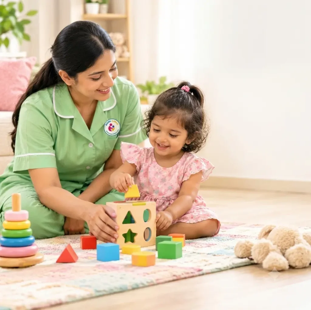 Indian nanny closely supervising a toddler playing with age-appropriate toys at home