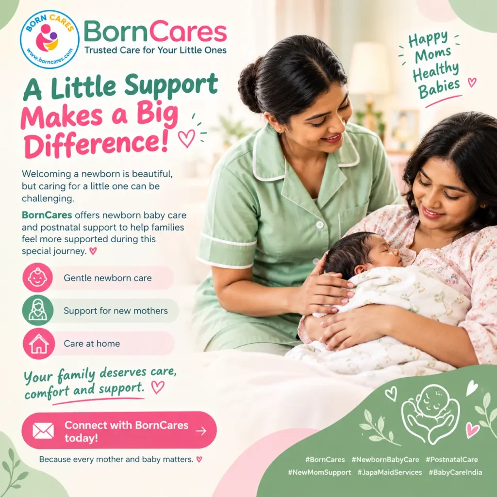 Indian newborn caregiver supporting a new mother with gentle baby care at home