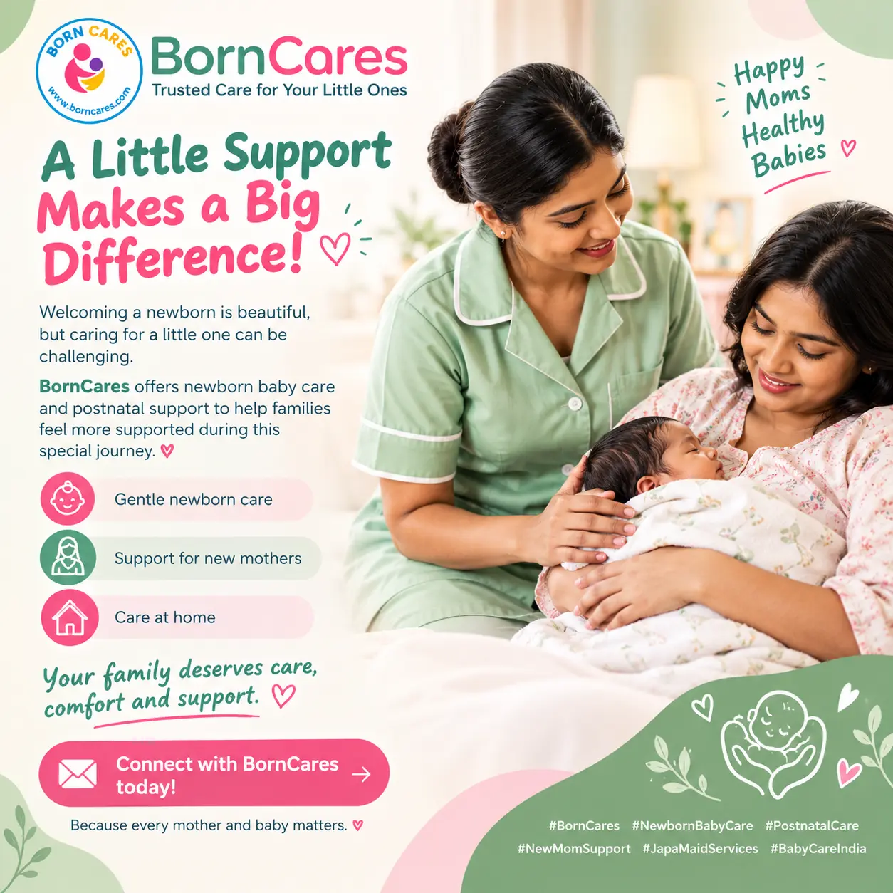 Indian newborn caregiver supporting a new mother with gentle baby care at home