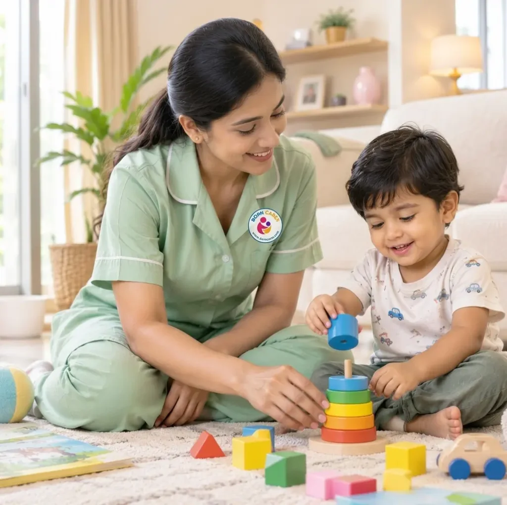 Indian female babysitter in a green uniform helping a toddler play with colorful stacking toys at home.
