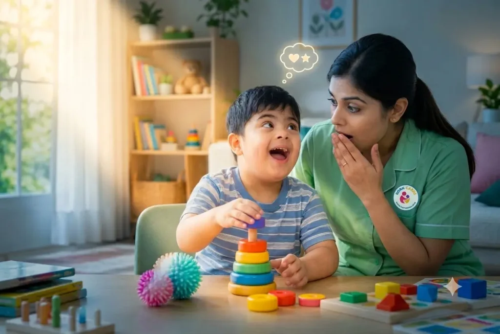 Indian female caregiver in a green uniform supporting a child with special care needs during a colorful stacking toy activity at home.