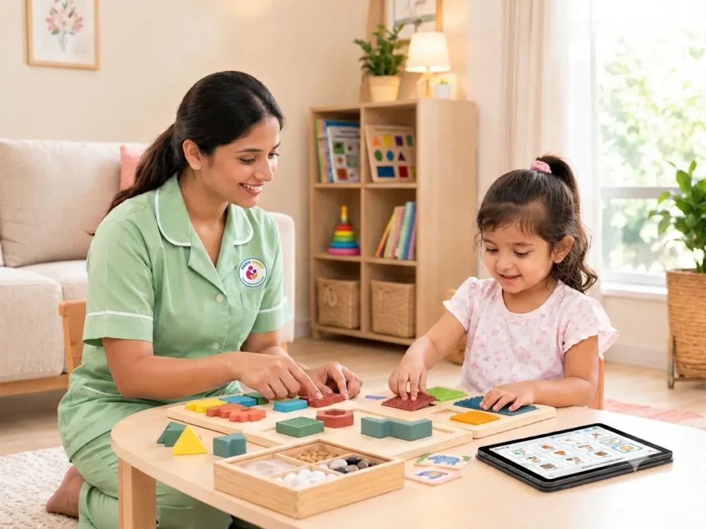 Indian female caregiver supporting a young child during sensory learning activities in a safe and comfortable home environment.