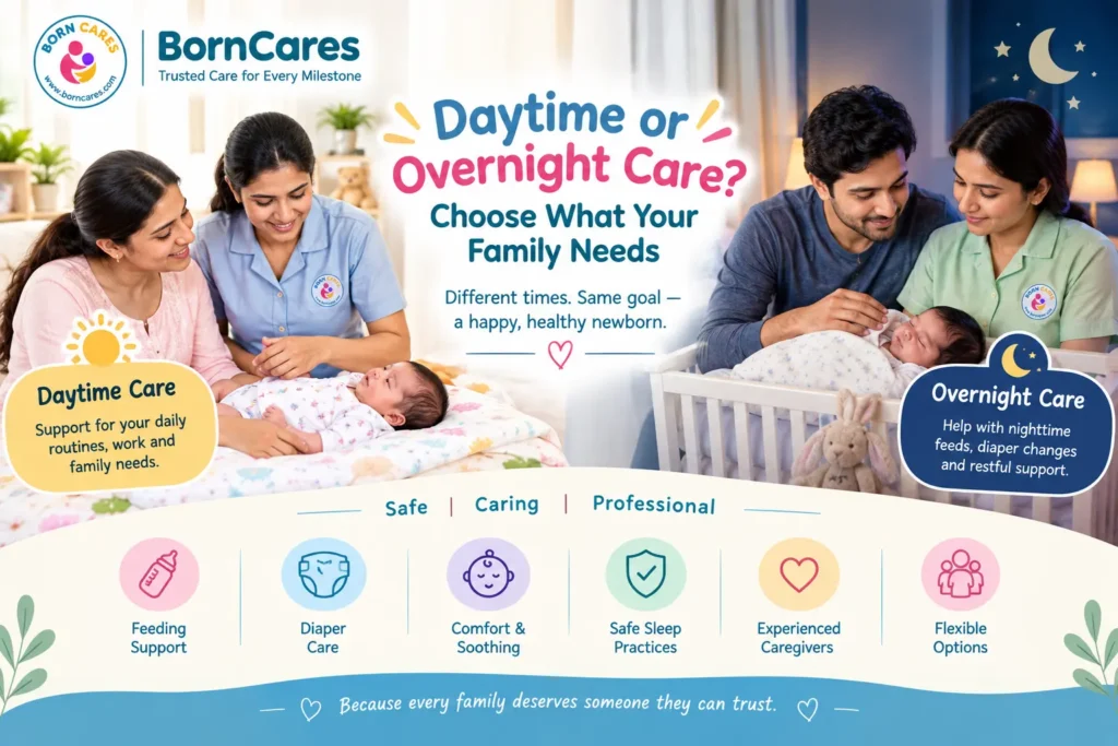 Indian parents caring for their newborn at home during the day and overnight.