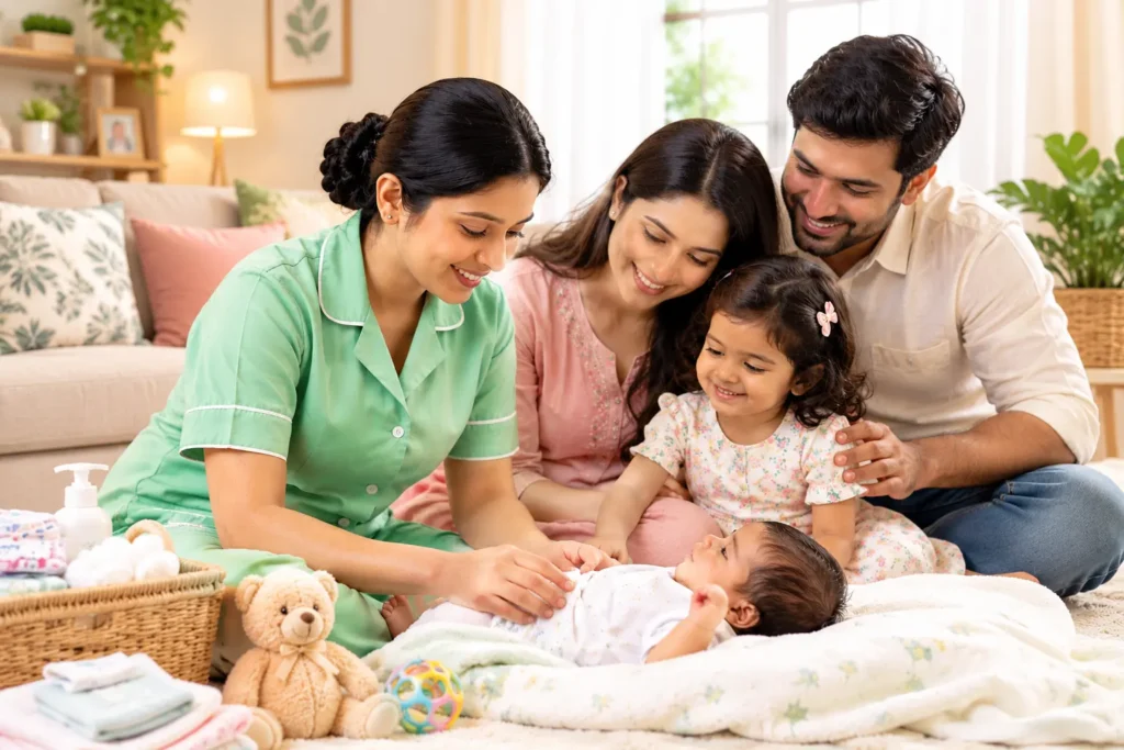 Japa maid providing newborn care and postnatal support to a mother and family at home