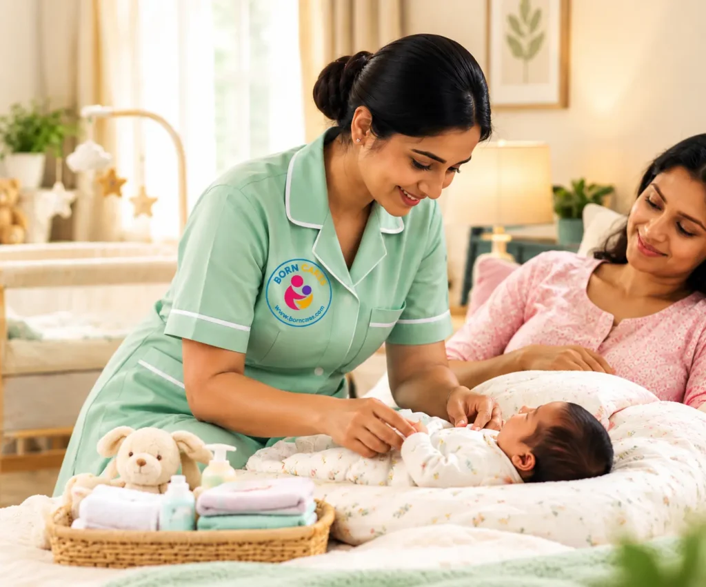 Professional caregiver providing newborn baby care while supporting a new mother at home