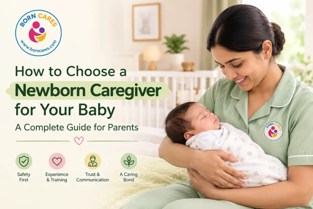 Indian parents meeting a newborn caregiver while holding their baby at home
