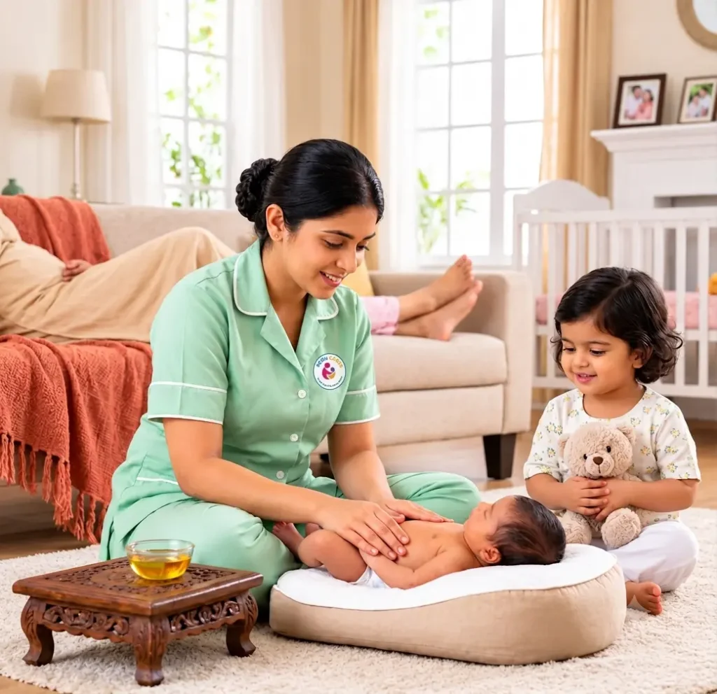 Indian female caregiver in a green uniform gently caring for a newborn baby while a young girl sits nearby in a comfortable home.