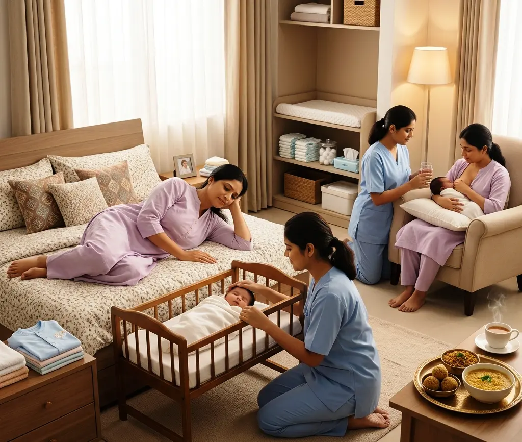 Indian Japa Maid supporting a new mother with newborn baby care at home after delivery
