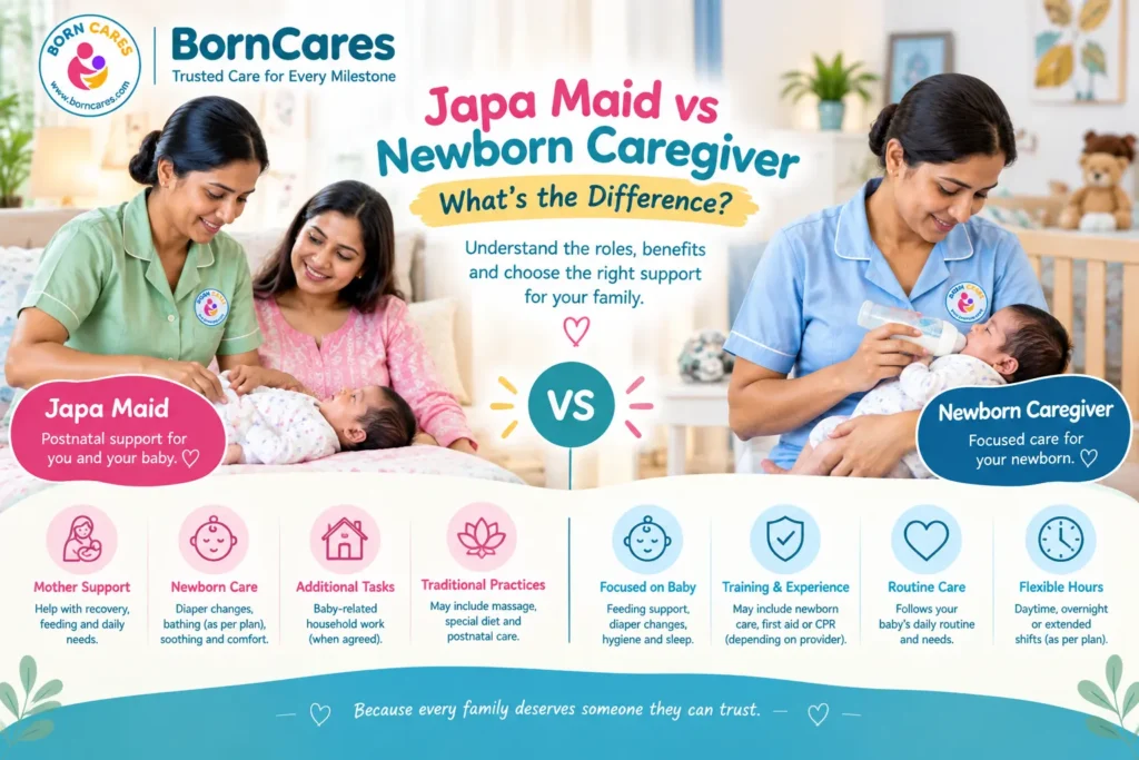 Indian Japa maid and newborn caregiver helping a mother care for her baby at home.