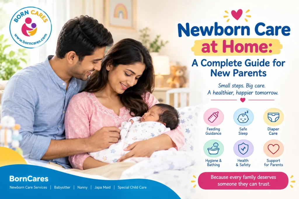 Indian parent caring for a newborn baby in a safe and comfortable home