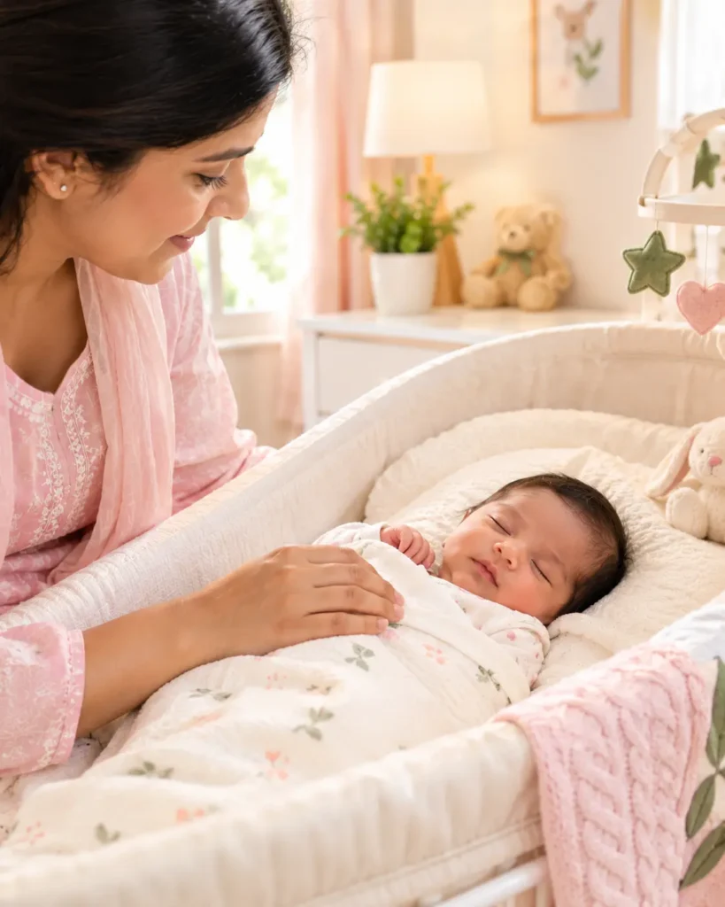 Mother gently caring for her newborn baby in a bassinet while considering trusted Japa maid support.
