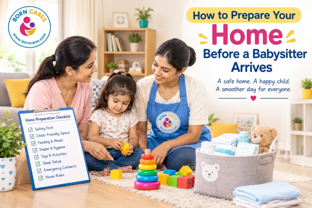 Parent preparing a safe home environment for a babysitter and child