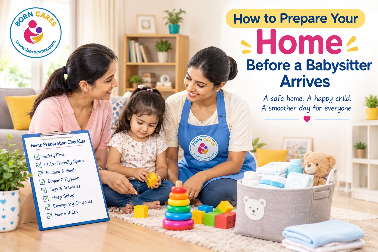 Parent preparing a safe home environment for a babysitter and child