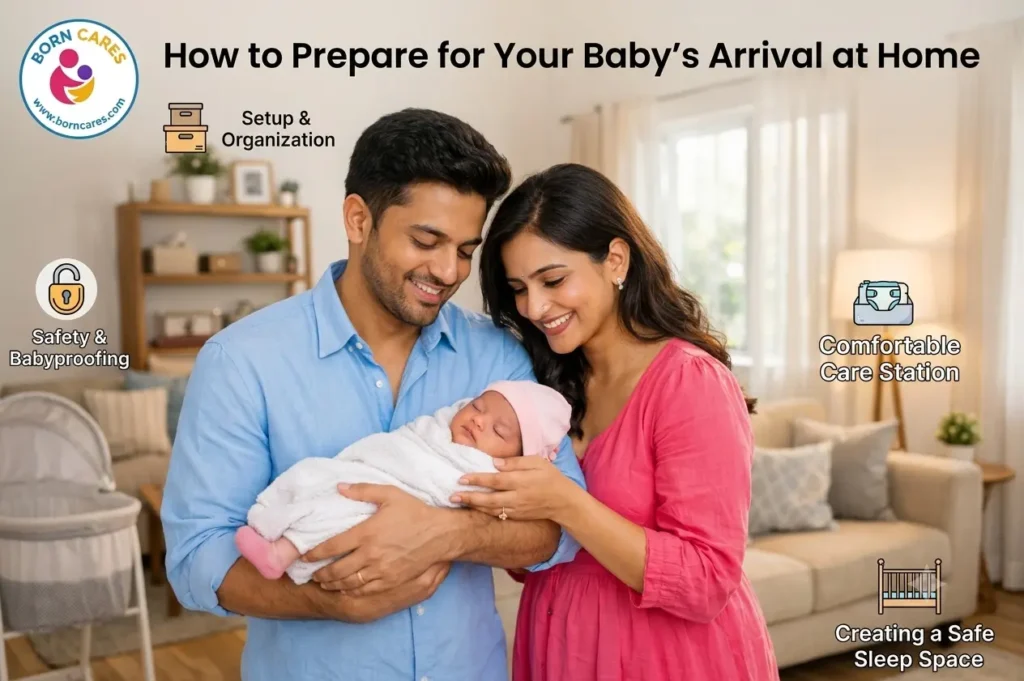 Indian parents preparing a comfortable and safe home for their newborn baby's arrival