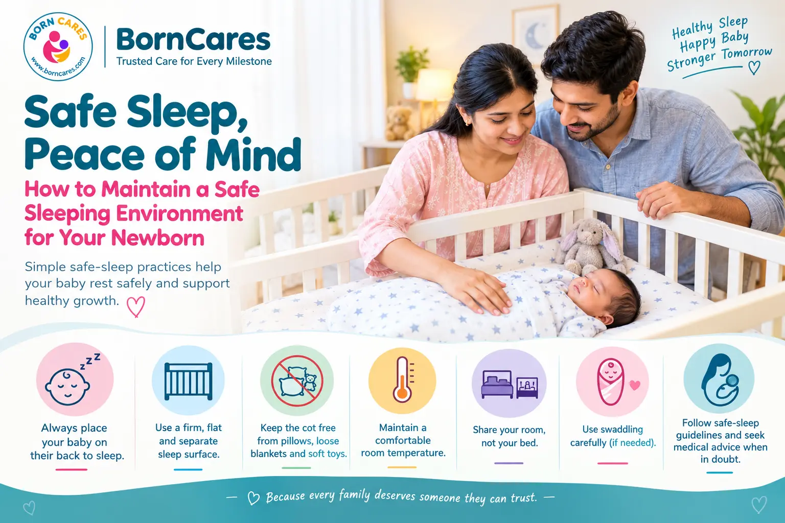 Indian parents preparing a safe sleeping space for their newborn in a cot.