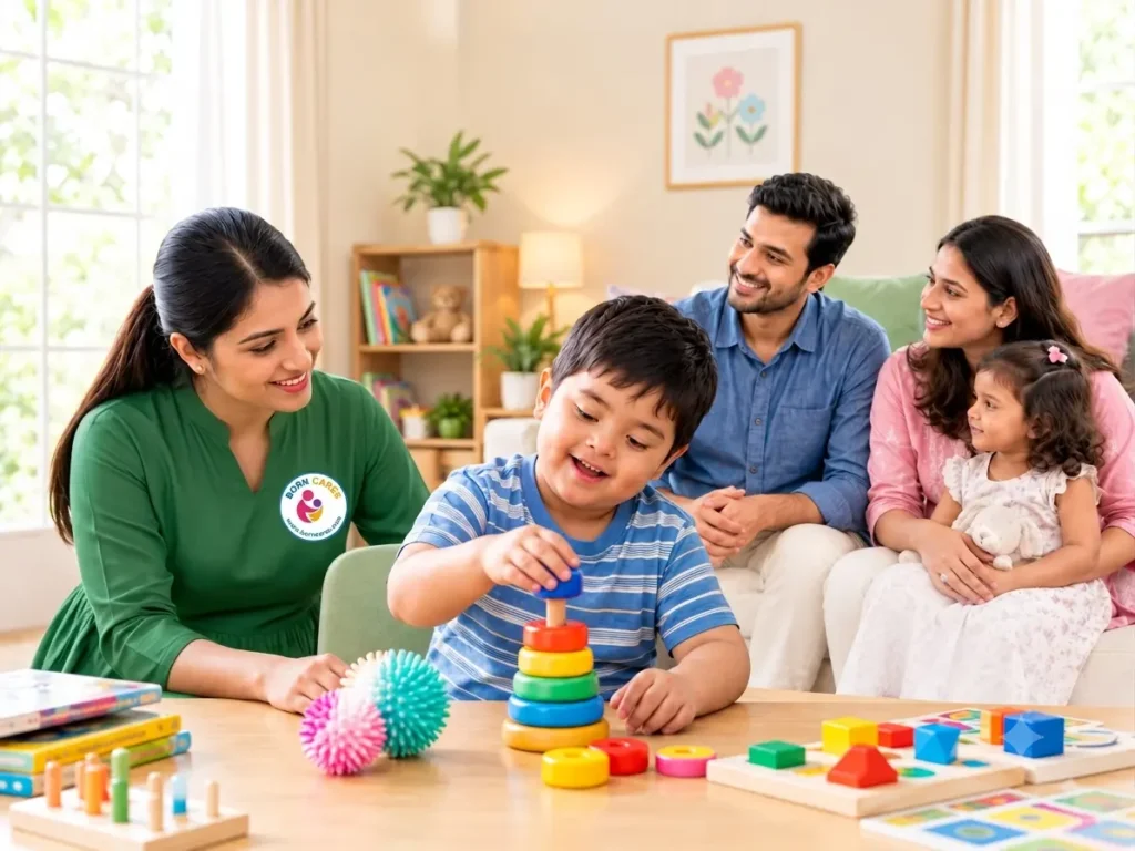 Indian female caregiver providing attentive care to a child during a colorful learning activity at home while supporting busy families.