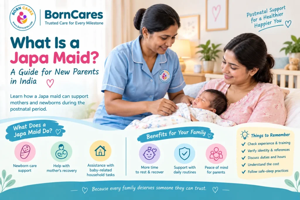 Indian Japa maid helping a new mother care for her newborn baby at home.