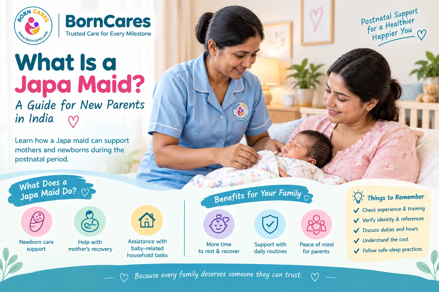 Indian Japa maid helping a new mother care for her newborn baby at home.
