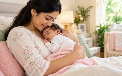 Mother gently holding her newborn close in a calm home environment