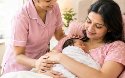 Indian postnatal caregiver supporting a mother and her newborn baby