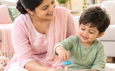 Indian nanny caring for a young child at home