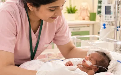 Trained caregiver gently supporting a premature newborn baby